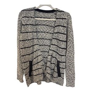 Black‎ and White Marled Striped Open Front Cardigan with Zipper Pockets RN 93178